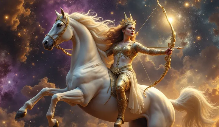 A majestic centaur, with a pearly white horse's body and human torso, wielding a golden bow with a bright arrow pointing toward the stars. Her long wavy hair flows with the cosmic wind, illuminated by moonlight. The starry sky behind shows golden constella...