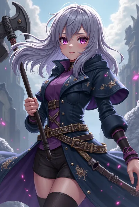 Create a female anime character in a coat with gray hair and orchid purple eyes holding a battle axe