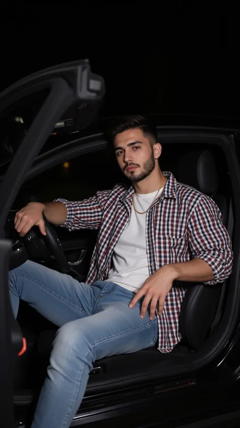 a handsome young turkish guy with muscle, dark very short hair fade and goatee he wearing a white tshirt and a checked long sleeve shirt and a light loose jeans and a thin gold chain he sit in a mercedes s coupe in black amateur photo random picture its ni...