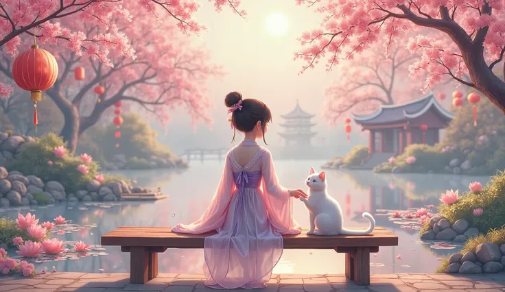 A serene, semi-realistic illustration of a young girl with traditional Chinese features, dressed in a modernized Hanfu-inspired outfit with flowing silk fabrics in soft pastel colors (light pink, lavender, and white). She is sitting gracefully on a wooden ...