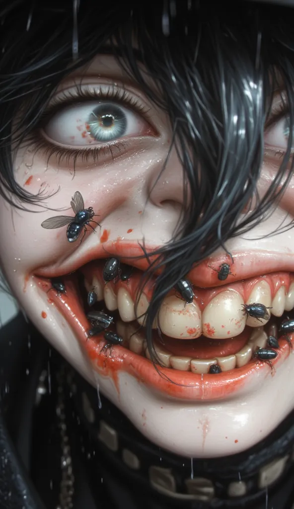 A close-up shot of a psychotic, grinning yandere nun, her face partially obscured by dark, wet strands of hair. Her pale skin contrasts sharply with the shadows, and her eyes glisten with a disturbing, unhinged gleam. The rain drips down her face, enhancin...