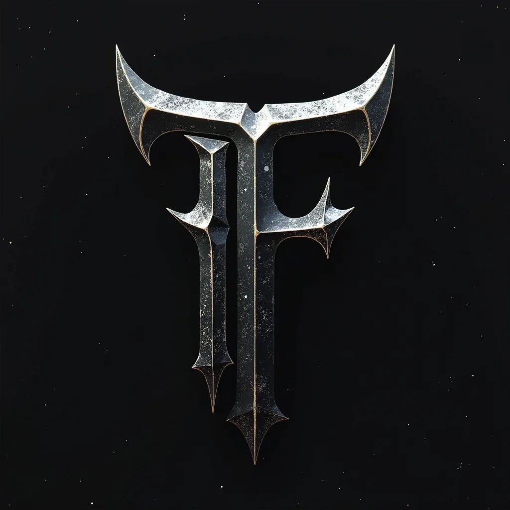 Create a sigil with the letter "F'' uses black and metallic SILVER colors gaming logo with that has its own shape