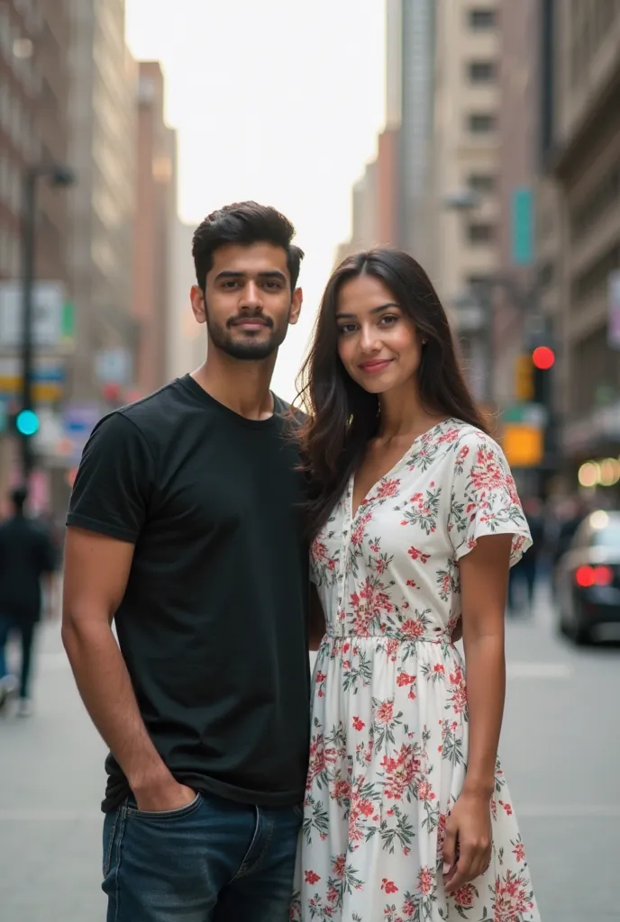 Create  of Mature 23 year old young Nepali boy with and Girl standing city of america. Boy is wearing a Black tshirt with Girl is wearing a White dress with Colorful Print also different print. Image is totally looking like a reality base. Both Standing wi...