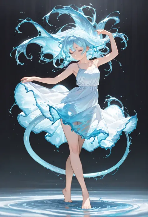 (masterpiece, best quality, high quality, highres, ultra-detailed), 1girl,solo,light_blue_hair,liquid hair, long hair,floating hair, full body, standing,sundress, liquid clothes,water dress,  best quality, 8k, detailed skin texture,  beautiful detailed fac...