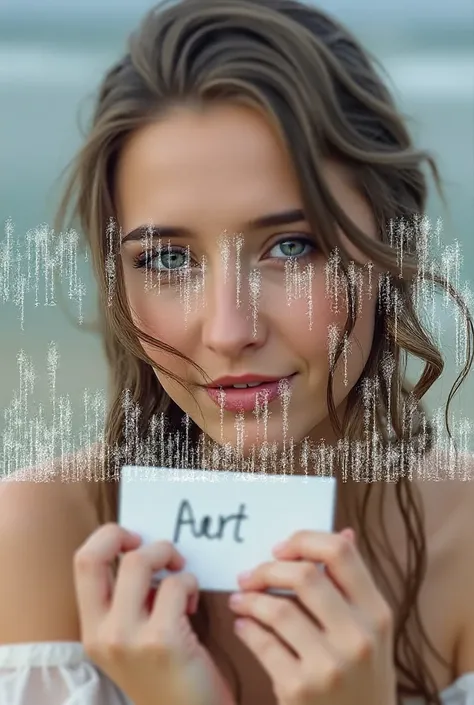 Beautiful girl with wavy long hair, bohemian dress, holding a white board with text "I Love Seaart Infinity" and showing it to the viewer