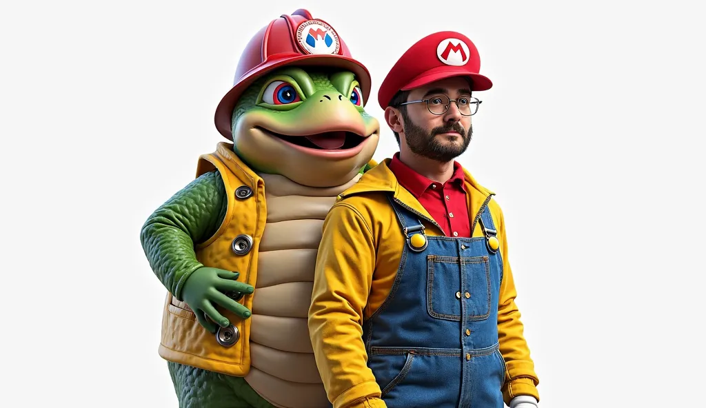 Realistic man in a super mario costume with a Jabba Hutt  wearing a yellow buttoned jacket and a red firefighter helmet with a super mario badge. white background