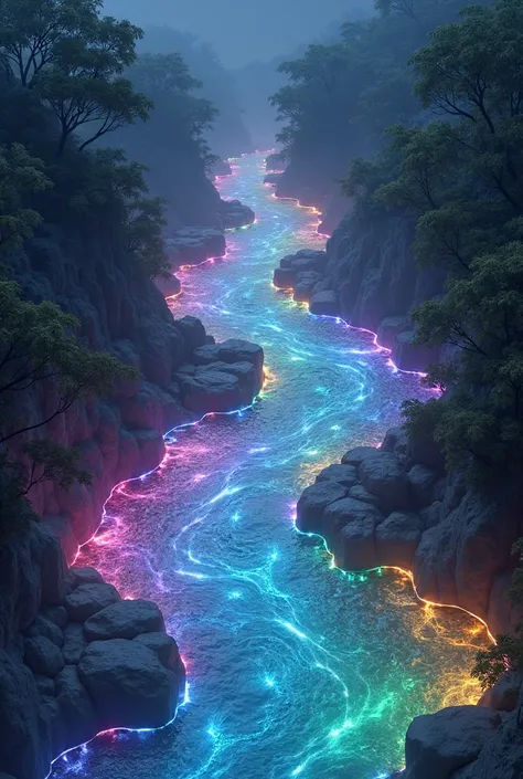 Create a fanciful river at night that illuminates rainbow-colored water 