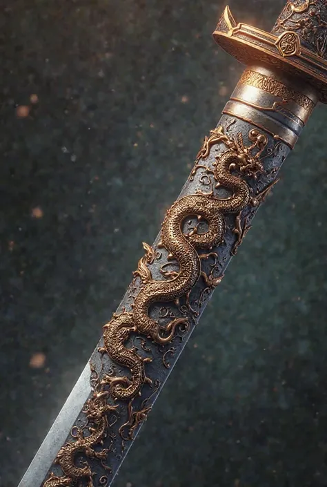 an anime-style katana with intricate engravings featuring Asian dragon motifs. The blade and hilt are rendered in a rich, earthy color palette inspired by Zhongli from Genshin Impact—deep browns, slate greys, and subtle gold accents. The texture is detaile...