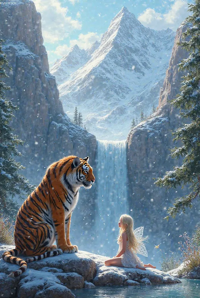 A scene of snow falling while a tiger stands next to a fairy sitting at a waterfall in the middle of the mountains.