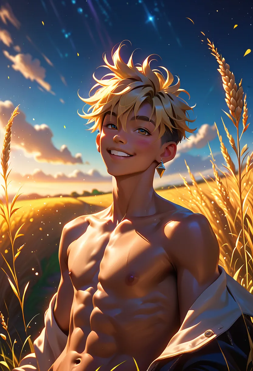 a fantastic skinny boy, younger than aged 20 old, with splendid punk blonde hair, he is tanned, with a sweet facial expression, he is lying on the country wheat field near a farm, he is completely naked, hairless body, slim abs, he is showing his penis, th...