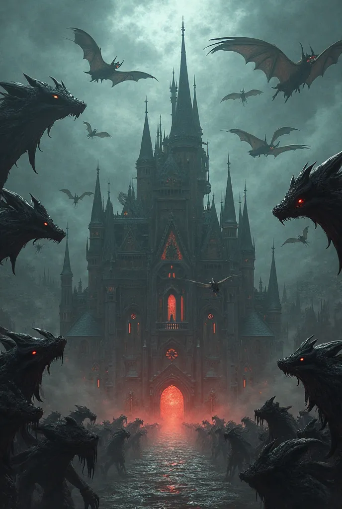 A terrifying palace surrounded by terrifying monsters and bats flying around it