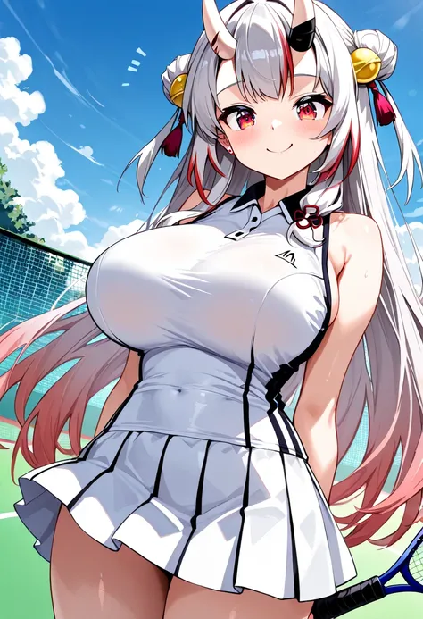 (Highest quality , 8k , masterpiece , incredibly absurdres , perfect body , super detailed skin , highly detailed eyes and face , 1 woman ) ,  nakiri ayame , Silver Hair , red eyes , demon horn , smile ,  will be happy , ( Tennis Costumes , skirt  : 1.2 ) ...