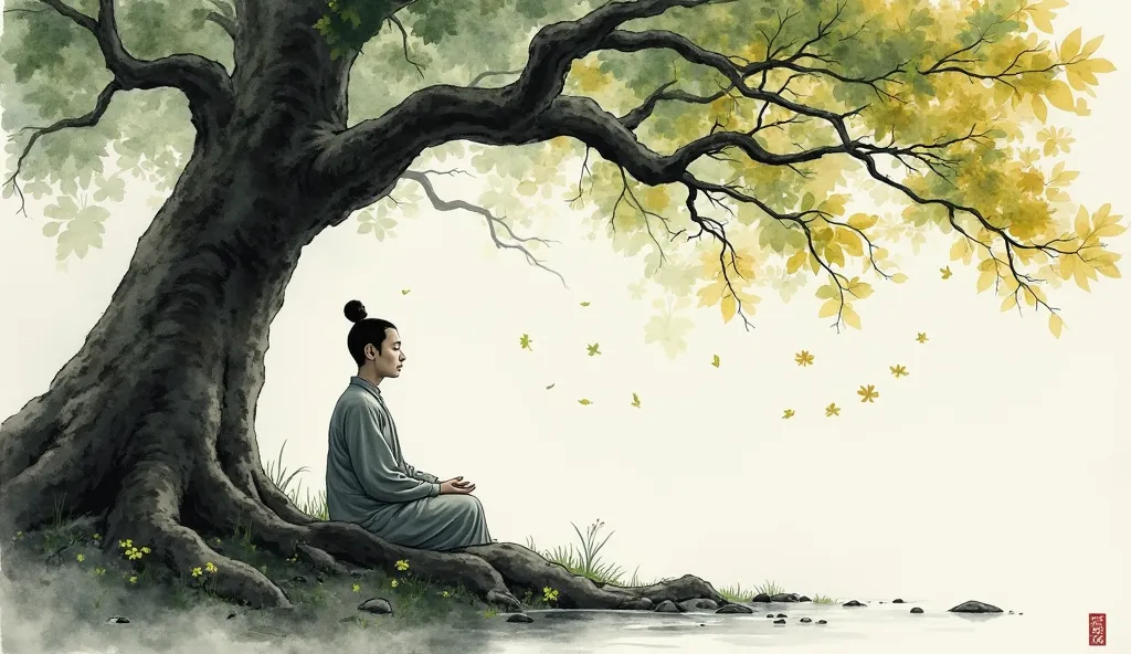 "A watercolor painting of Ven Lieu Pham meditating under a huge old tree. He wears a gray tunic, half-closed eyes,  steady breathing , represents stillness and tranquility.  on the branch , golden leaves that fall slightly, evokes the meaning of causal cir...