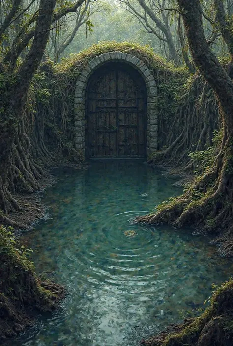 Create a pond, surrounded by brushwood, from where an iron door emerges, mysterious