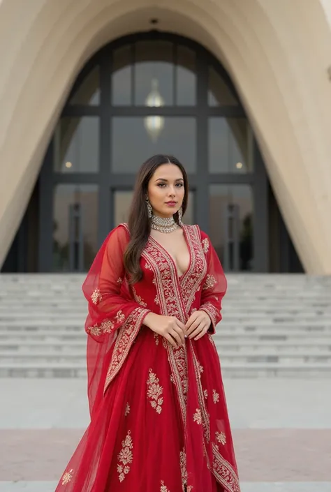 beautiful Arab woman stands outside the museum of modernity in Dubai in sexy national attire, giant chest covered, But not to the end of,  full length photo