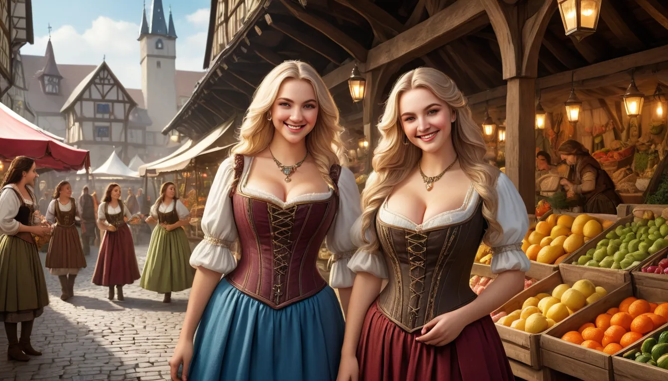 A medieval marketplace with a warm, lively atmosphere. Two beautiful young women with curvy physiques stand at the center, dressed in traditional Bavarian or medieval-style dresses with corset tops, lace trim, and intricate detailing. One has long, wavy br...