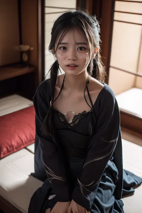 Height 1３5ｃｍ、twin tails、Age 15, middle school student、 Lori 、8K image、Sex on a futon in a Japanese-style room at a ryokan、（(Spray a large amount of realistic semen on your face:1.1))、、(Open your chest with a kimono:1.3)、 emphasizes cleavage、（((spread legs:...