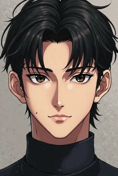 Men have moles right under their lips, black eyes under dark eyes but not much, black hair looking handsome in anime.