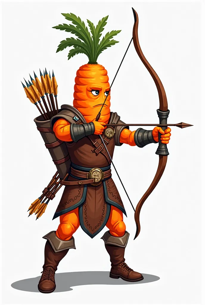 A brave carrot  archer in leather armor, holding a bow and a quiver full of arrows, in 2D vector style on a white background."