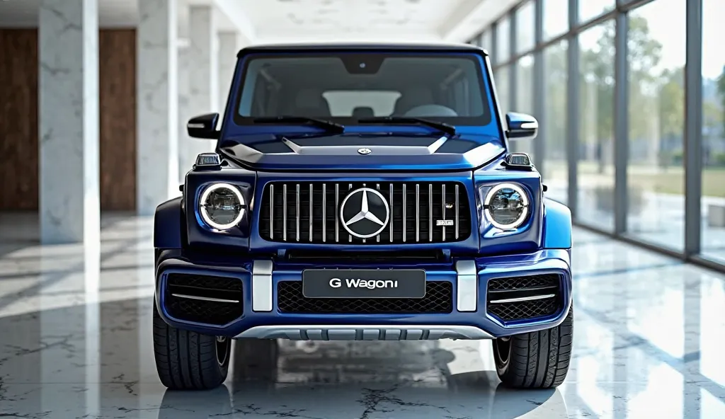 1. Direct Front View

Prompt:
"A hyper-realistic 2026 Baby G Wagon in Sapphire finish, parked inside a bright, modern showroom with reflective marble flooring and large glass walls allowing natural daylight to highlight the vehicle’s curves. The front show...