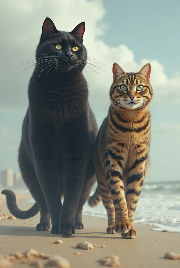 Walk alongside a giant black and white cat and a giant tabby cat on the beach area