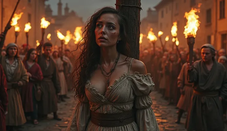 A medieval woman in a ragged dress, tied to a wooden post, her face smeared with dirt and tears as angry townspeople jeer at her. Torches light up the angry crowd.

