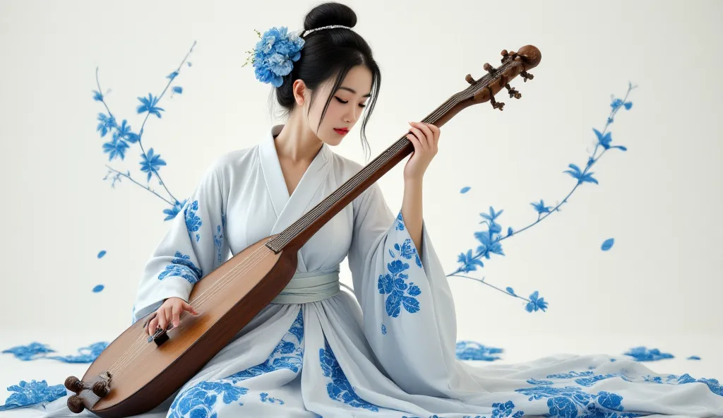 ((masterpiece))), (((best quality))), ((super detailed)), (highly detailed computer illustration), ((extremely delicate and beautiful)), A beautiful japanese woman wearing white long dress blue floral motif playing the Guzheng