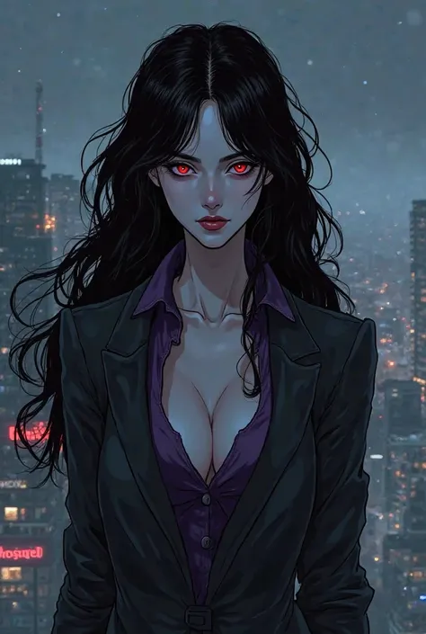 A Manhua-style image of a vampire woman with long wavy black hair,  clear red eyes,  mysterious look. Are you wearing sexy clothes in the colors black and purple, It is on top of a hospital building on a gloomy night with fog in the city 