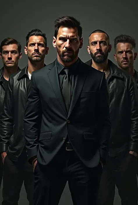 Messi as a gangster with many people wearing black jacket.