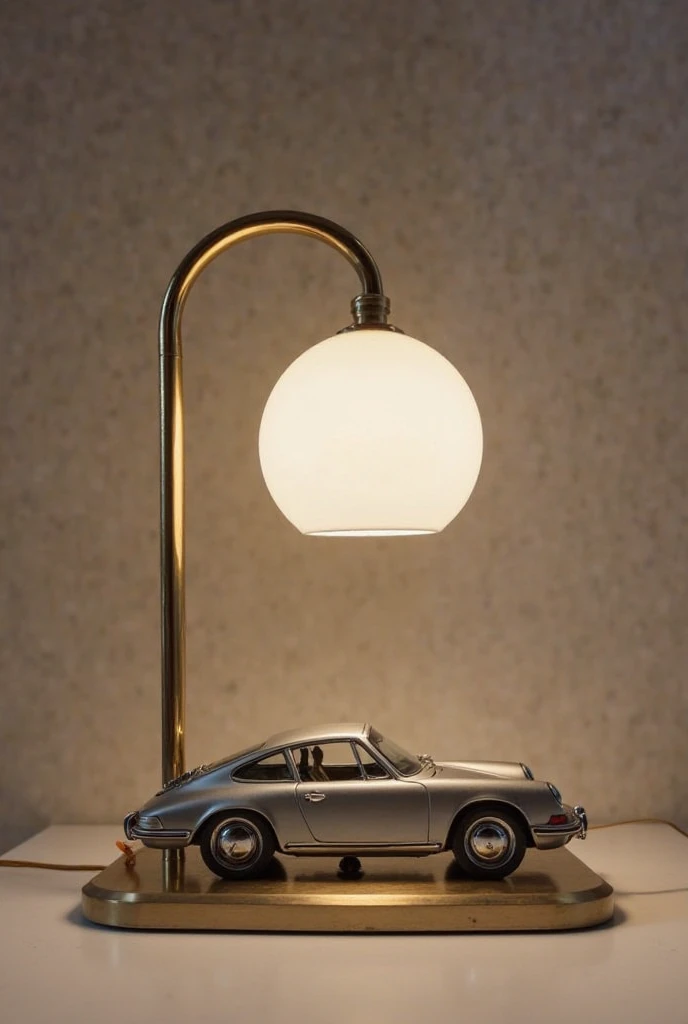 luxury table lamp with a diecast Porsche model as the base, modern minimalist design with brushed metal base, ambient LED lighting illuminating the Porsche, clean lines, high-end materials like marble and polished chrome, soft lighting effect, sophisticate...