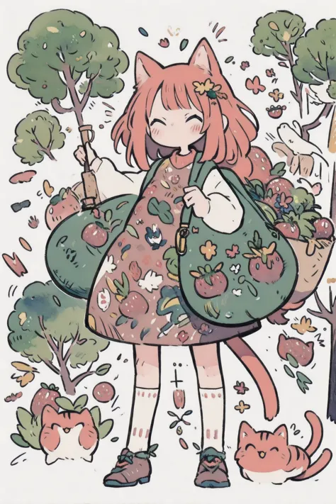  Art Deco Warrior, Plant and tree design  、watercolor,  spring, cat girl , springの妖精, large tote bag  , Wild strawberry, watercolor,