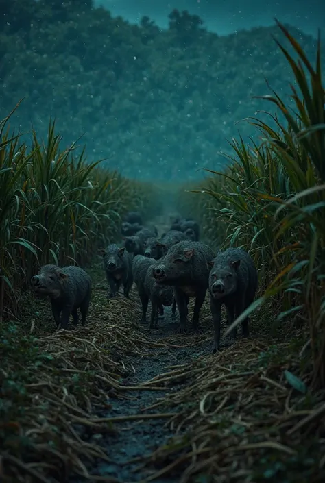 A group of wild boars storming the sugarcane field at night. They are trampling the crops, uprooting the plants, and creating chaos. The once-green field is now in ruins, with broken sugarcane scattered everywhere."