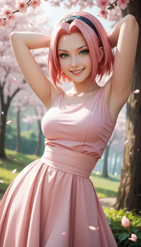 close-up, 1girl, haruno sakura, pink hair, short, hair, green eyes, forehead protector, red split long dress, sexy pose, cherry blossom forest, sparkles, cherry blossom leaves falling down, smirk, hands behind her head, dancing, hips swaying, pulling up he...