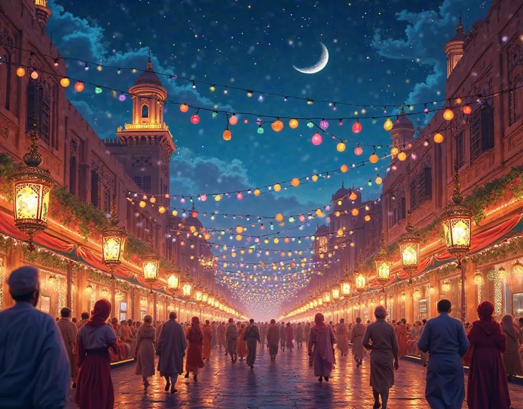 A beautiful Ramadan night in Cairo streets, illuminated by warm glowing lanterns hanging from buildings. The streets are adorned with colorful lights, creating a festive atmosphere. The Hilal (crescent moon) shines in the deep blue night sky, with fluffy c...