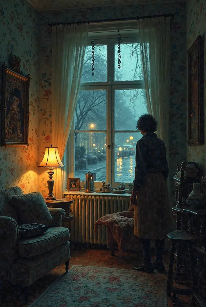 A cozy, dimly lit room with soft lightning, vintage decor, and a window showing a rainy street at night. Pastel colours and grainy texture, with a calm, nostalgic atmosphere 