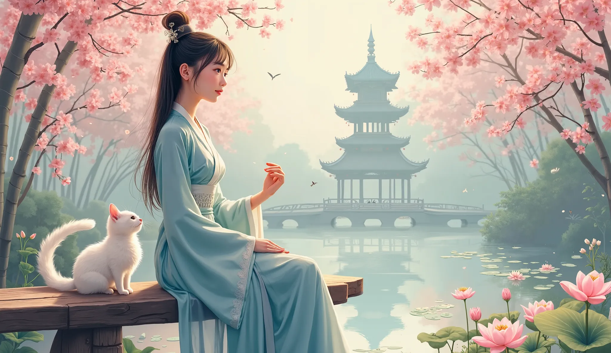 A serene, semi-realistic illustration of a young girl with traditional Chinese features, dressed in a modernized Hanfu-inspired outfit with flowing silk fabrics in soft pastel colors (baby blue, soft blue, and white). She is sitting gracefully on a wooden ...