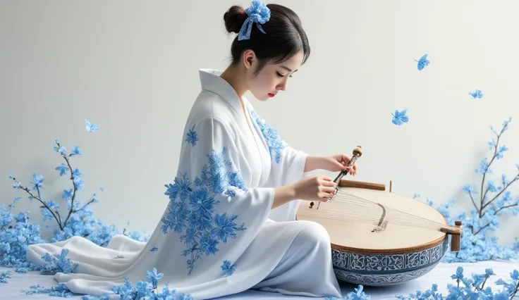 ((masterpiece))), (((best quality))), ((super detailed)), (highly detailed computer illustration), ((extremely delicate and beautiful)), A beautiful japanese woman wearing white long dress blue floral motif playing the Guzheng