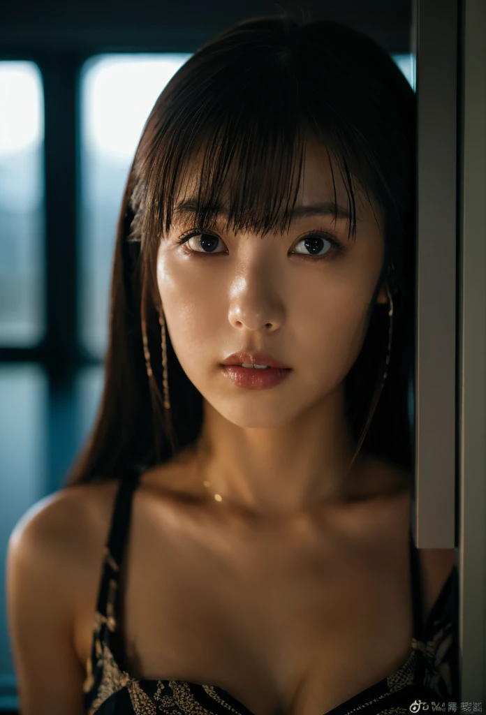 RAW photo, 4K, a sexy japanese woman, beautiful face, wearing dress, in the dark, standing, window