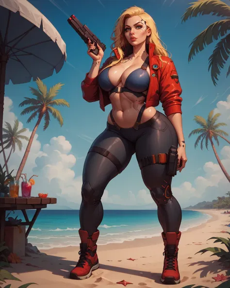  1 girl, milfs, beach, palm trees, long hair,Breasts, Ultra high definition, Very detailed, high quality photo, Highly detailed, Точность,  yellow hair , Big breasts, Red ankle boots,  black pants, straps, Cyberpunk,solo, Holds a gun, plump lips, wide hips...