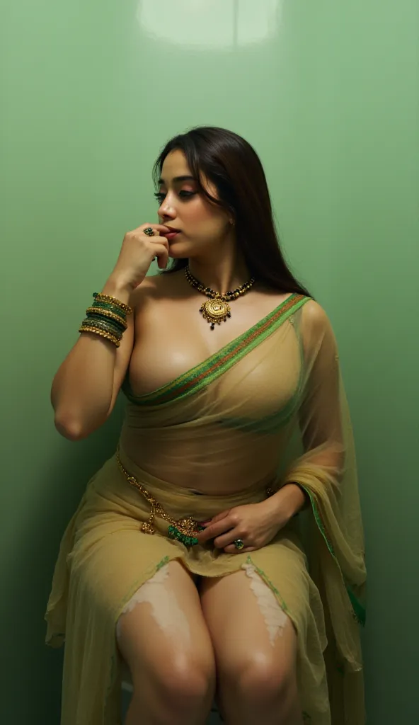 A tall, curvy lady dressed in an elegant transparent  saree with green border and a  deep neck blouse that beautifully reveals her cleavage and navel visible, nipples slightly visible , inner thighs completely visible, legs spread open, saree slightly lift...