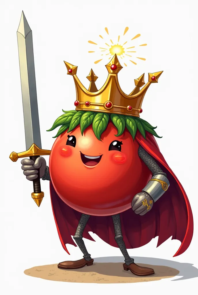 "A smiling tomato knight wearing a golden crown and royal cape, holding a shining sword, in 2D vector style on a white background."