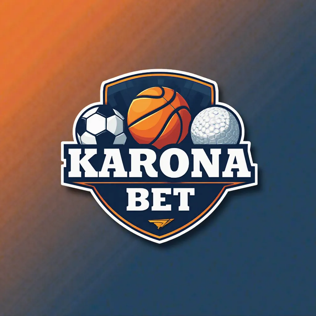 A logo for a betting company with the text "KARONA BET". There are different game balls on it, such as a soccer ball, a basketball, and a golf ball. The background is a gradient of orange and blue. Something related to Aviator. Keep it simple.