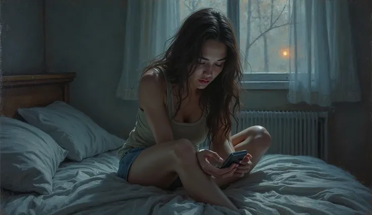 realistic oil painting. Laura, a 29-year-old woman with long dark brown hair, is sitting on the bed with her eyes lost and the phone in her hand, waiting for a message that doesn't arrive.  Her expression is one of deep sadness , her hunched body reflects ...