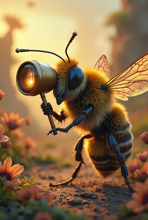 a bee with spyglass, surrealistic drawing style, realistic, detailed bee with spyglass, bee holding spyglass, bee in surrealistic environment, bee investigator, bee explorer, bee scientist, bee examining surroundings, macro bee portrait, highly detailed be...