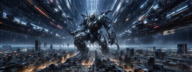 a long shot of a extreme super giant robot standing over a city,one thousand meter tall robot, transforming space battle station robot, macross sdf-1, night time, flood lights, search lights, giant anime mecha, anime mecha aesthetic, an anime large mecha r...