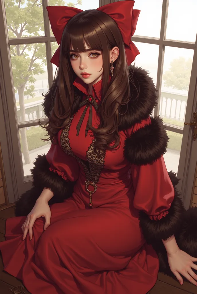 an anime character wearing red dress with very large hair bow, posing by a window, 1girl, solo, dress, long hair, brown hair, red dress, looking at viewer, bow, red bow, brown eyes, bangs, poses for a photograph wearing a fur wrap and fur collar, , solo, h...