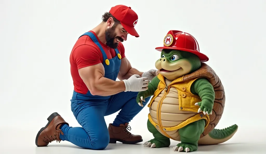 A sexy muscular real man in a super mario suit sits with a Jabba Hutt baby in a yellow buttoned jacket and a red firefighter helmet with a super mario badge. white background