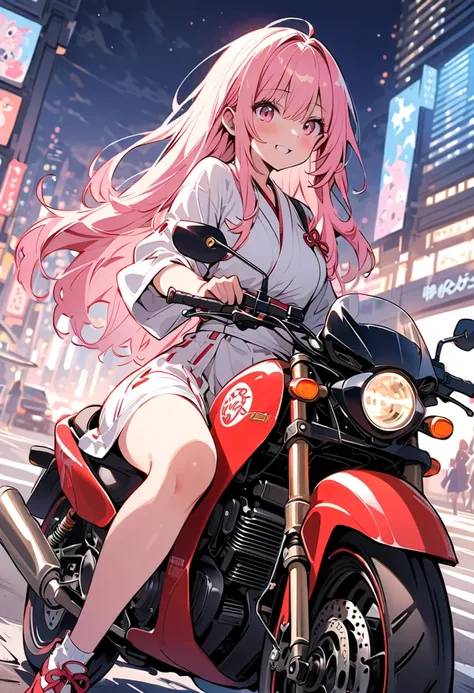 masterpiece,best quality, 1 woman, 22 years old, kawaii,long hair,miko, japan cityscape, outdoors, dutch angle, lineart,water color,rakkun girl,ride a motorcycle