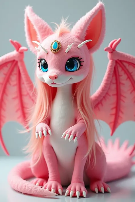 beast,long fluorescent pink hair, kind expression,Dinosaur mouth,Fox Ears,The ears are pink, blue eyes,long hair, yellow hair,Big Dragon Wings ,wings are pink,The wing curtain is light pink,Jewel on the forehead,long hair tail,White belly,White nails,The g...