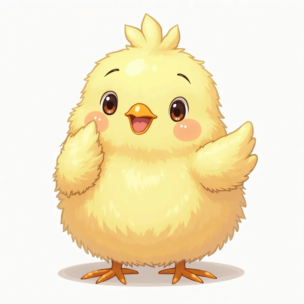 Miyazaki style illustration. Kind ellow chicken. white background.